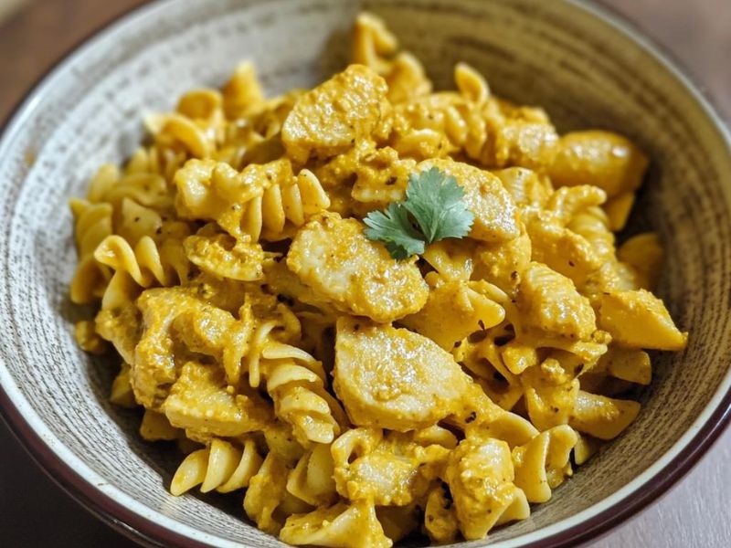 Poulet et pâtes au curry et lait de coco